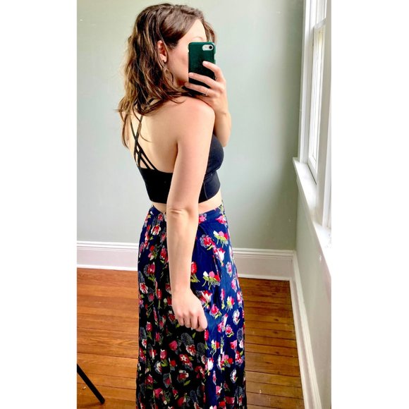 Vintage 90s Floral Navy Blue Hot Pink Cottagecore Grunge Flutter Maxi Skirt 12 - Picture 5 of 8